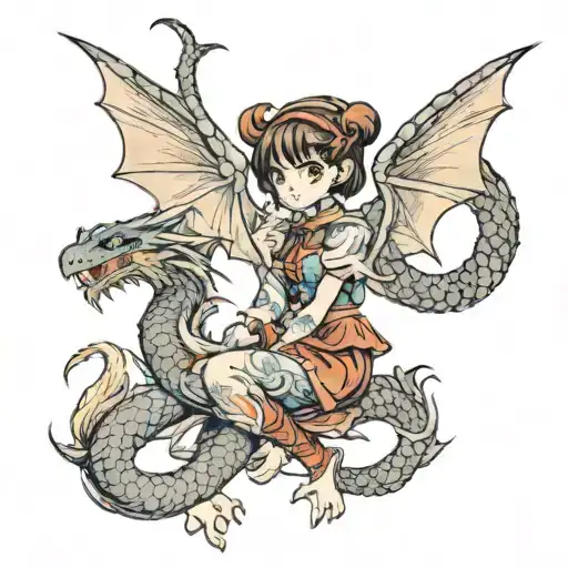 A Traditional Tattoo Of An Anime Girl With A Dragon Companion