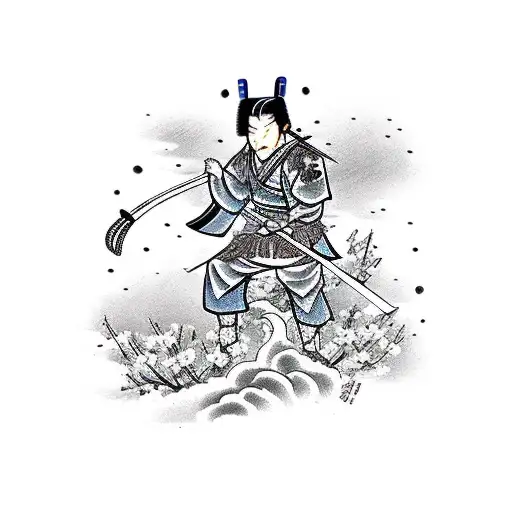 A Traditional Japanese Warrior With A Katana Surrounded By Cherry Blossoms
