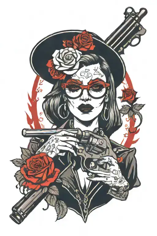 Goth Girl Red Roses Red Glasses With Revolver