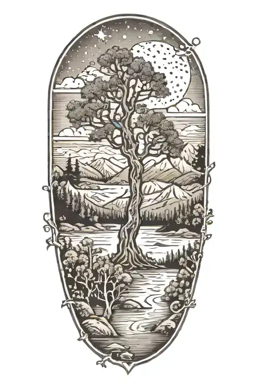Aquarius Constellation With Mountains With Forest With River And Biggest Tree In Middle