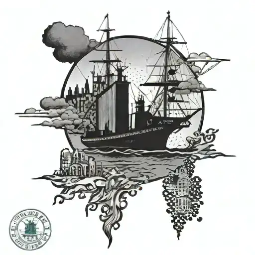 A Dotwork Tattoo Of A Silhouette Of Le Havre City Skyline With Ships In The Port