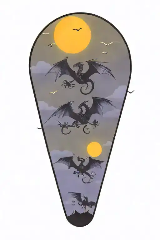 3 Dragons Flying Towards The Sun Setting