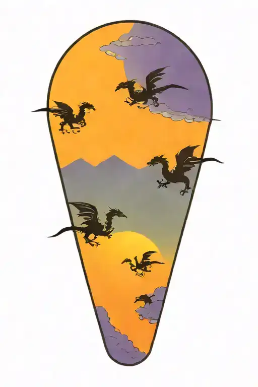 3 Dragons Flying Towards The Sun Setting