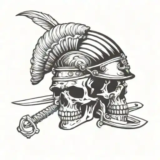 Skull Wearing Roman Helmet Stabbed With Blade