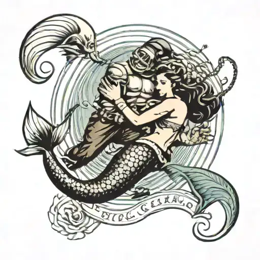 Scuba Diver Embracing Mermaid Underwater