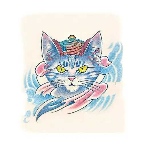 Traditional Japanese-style Tattoo Featuring A Cat And Iconic Anime Symbols