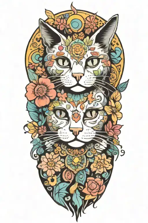 Hippie Cat With Colorful Flowers And Sun
