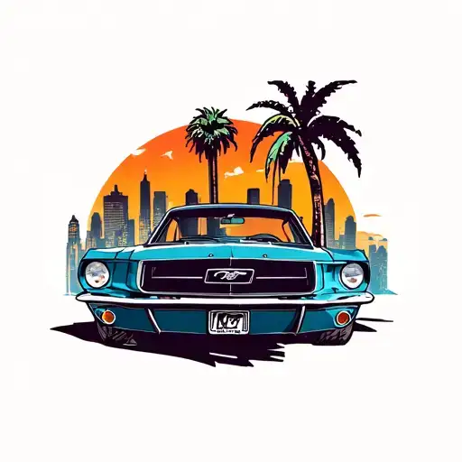Vintage Ford Mustang With Palm Tree Silhouette And Los Angeles Skyline