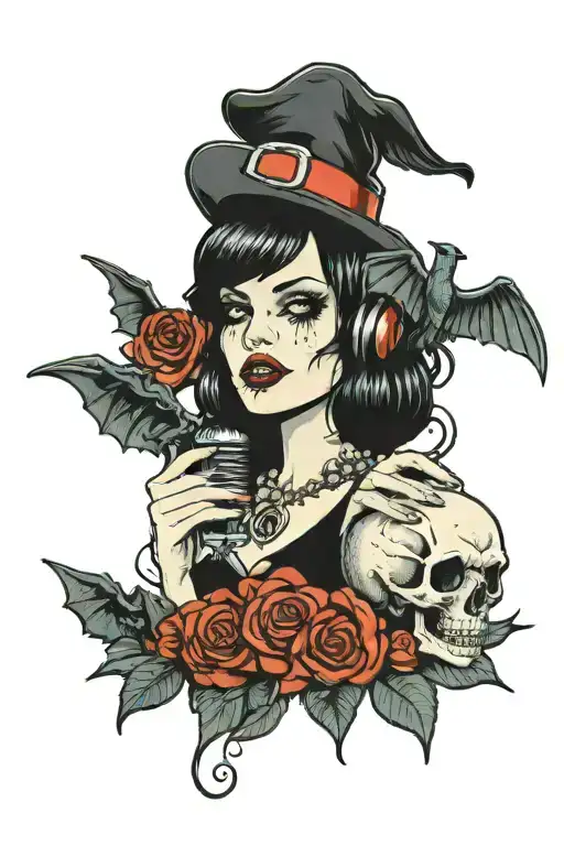 A Hot Spooky Girl With A Skull Microphone Singing In A Graveyard Filled With Bats