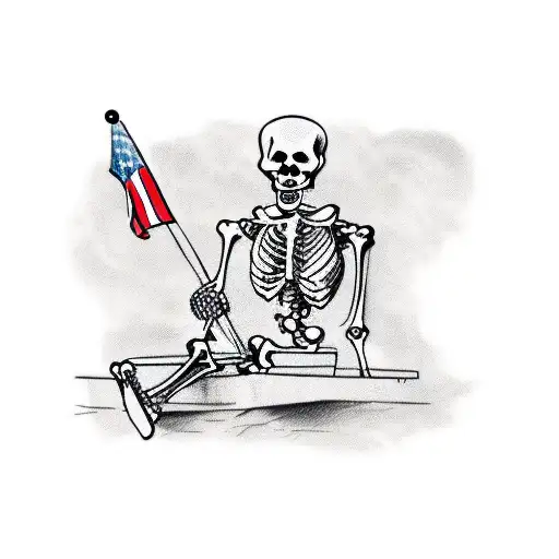 Skeleton Sitting Down At Sports Game Holding Flag As A Fan