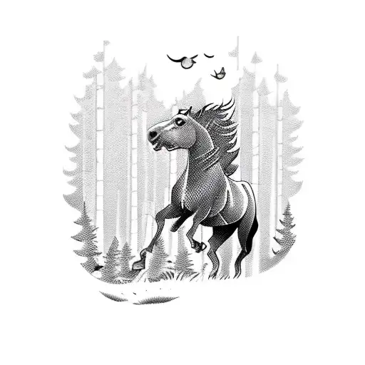 A Cinematic Scene With A Horse Galloping Through A Pine Forest