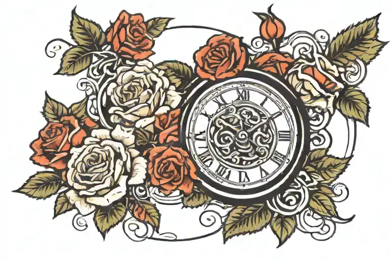 3 X Clock Face Surrounded By Roses Intertwined
