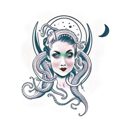 Girl With Moon Behind Her With Tentacles Wrapping Around