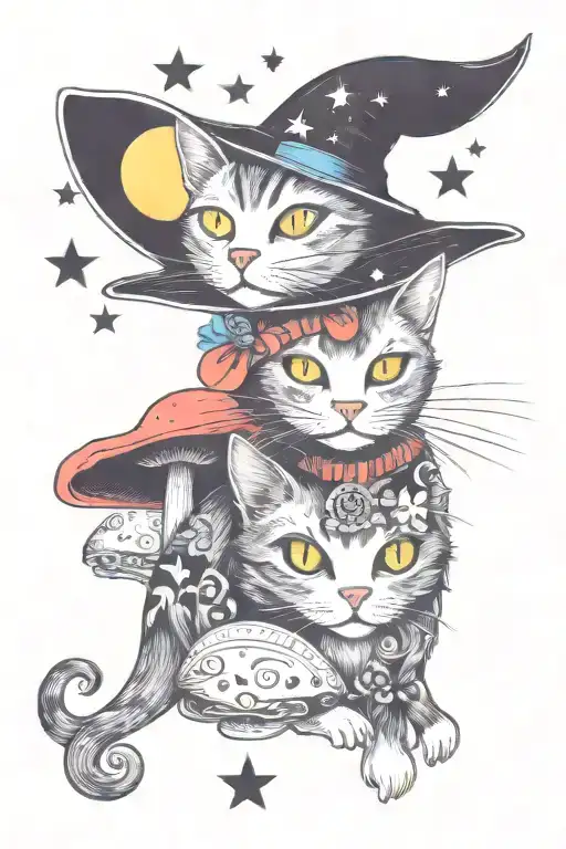 Witch Cat With Moon And Stars And Colorful Mushrooms Trippy