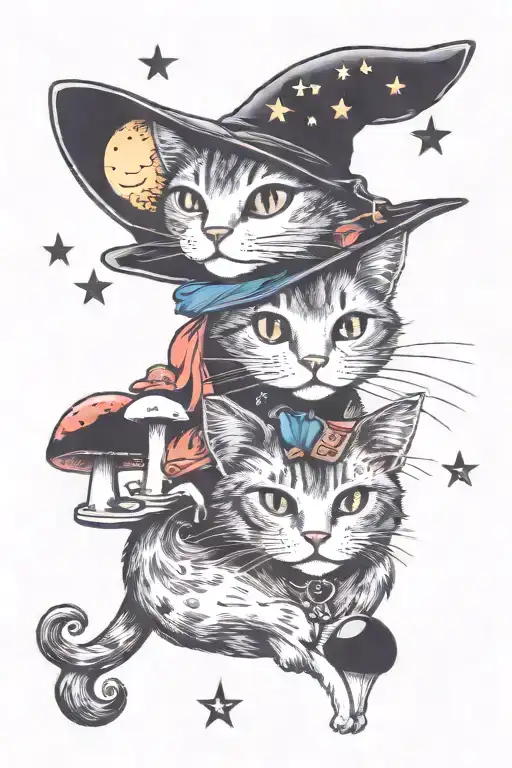 Witch Cat With Moon And Stars And Colorful Mushrooms Trippy