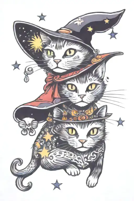 Witch Cat With Moon And Stars And Colorful Mushrooms Trippy