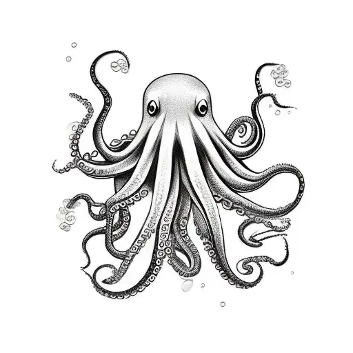 Octopus Swimming With Little Fishes And Bubbles