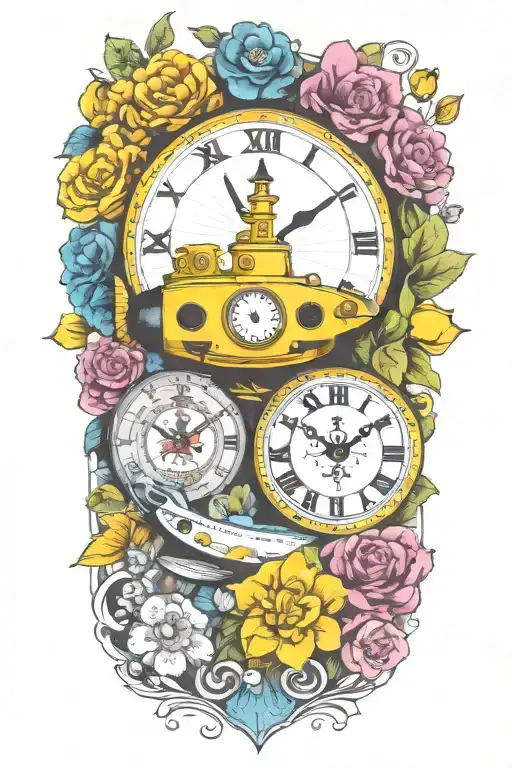 Yellow Submarine With Colorful Flowers And Clock And Rainbow