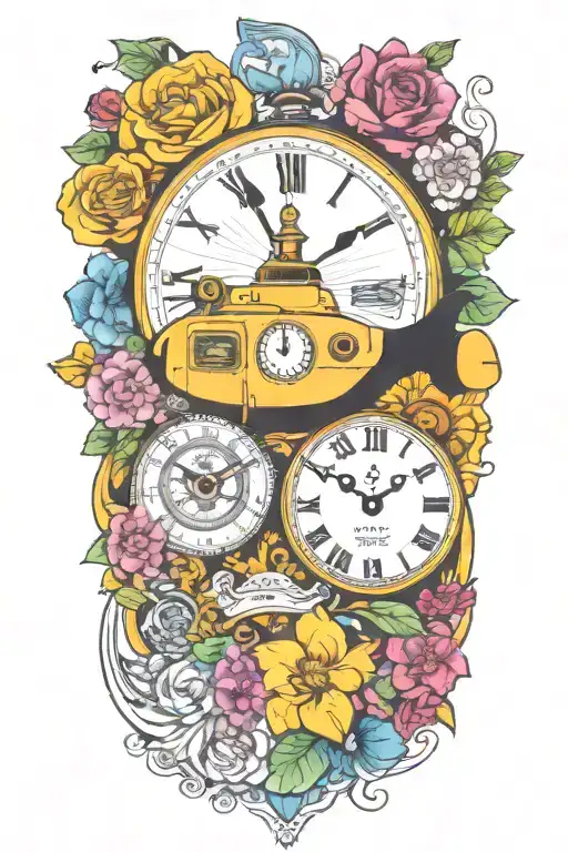 Yellow Submarine With Colorful Flowers And Clock And Rainbow