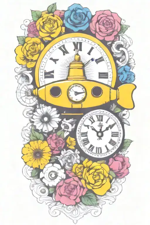 Yellow Submarine With Colorful Flowers And Clock And Rainbow
