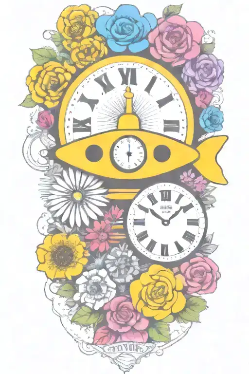 Yellow Submarine With Colorful Flowers And Clock And Rainbow