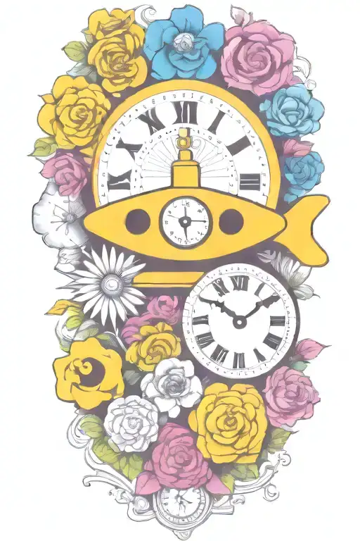 Yellow Submarine With Colorful Flowers And Clock And Rainbow