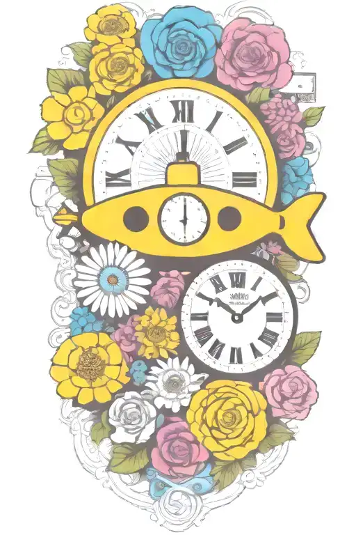 Yellow Submarine With Colorful Flowers And Clock And Rainbow