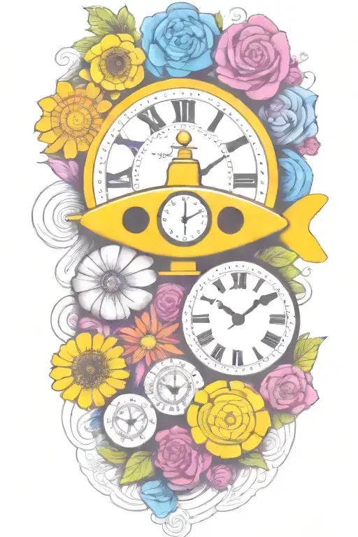 Yellow Submarine With Colorful Flowers And Clock And Rainbow