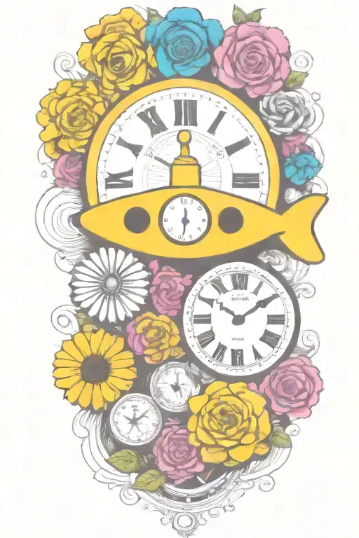 Yellow Submarine With Colorful Flowers And Clock And Rainbow