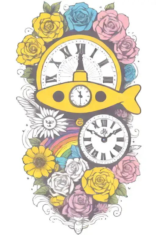 Yellow Submarine With Colorful Flowers And Clock And Rainbow