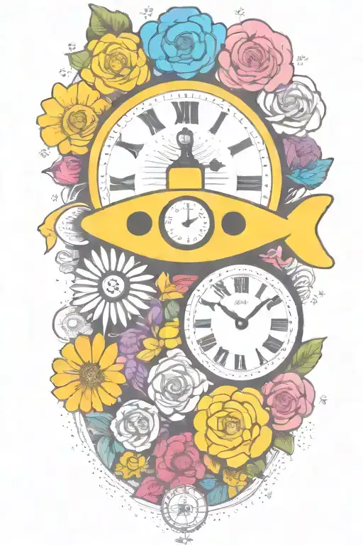 Yellow Submarine With Colorful Flowers And Clock And Rainbow
