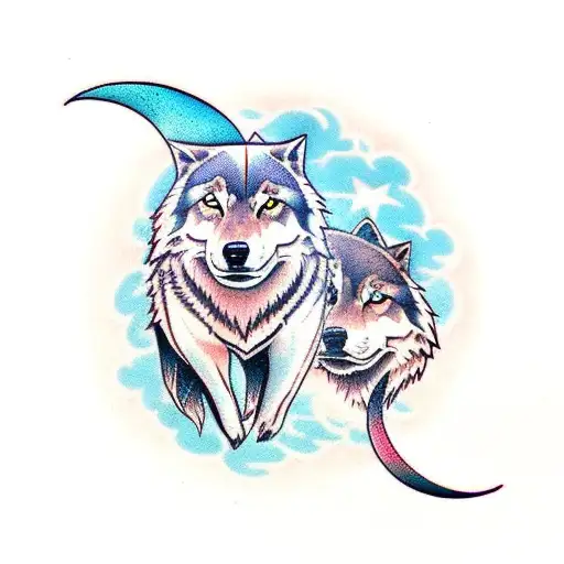 Two Wolves With Moon