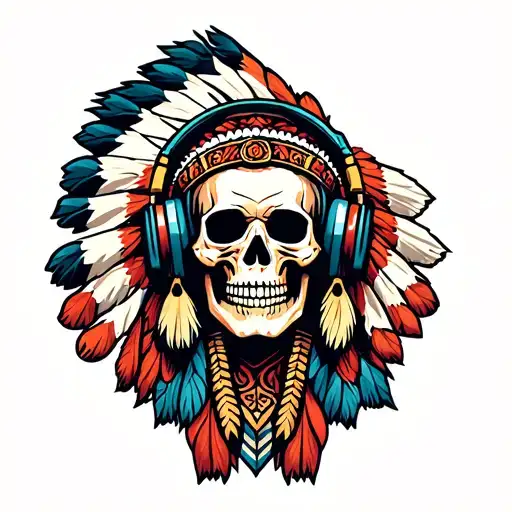 Indian Cheif Skull Wearing Headphones