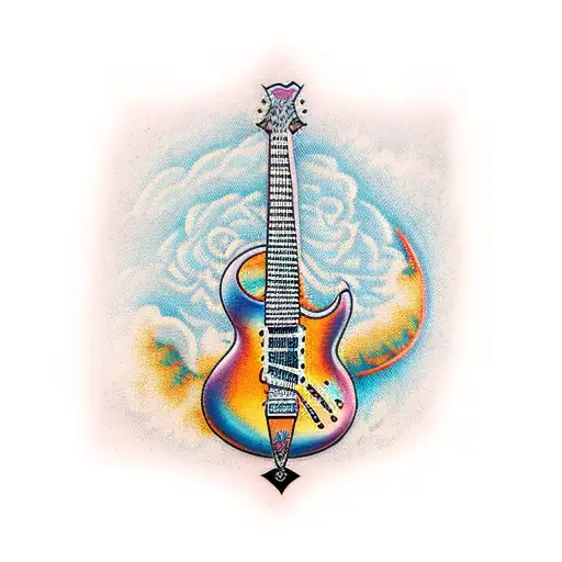 A Guitar Neck With Movie Scenes Engraved On The Frets