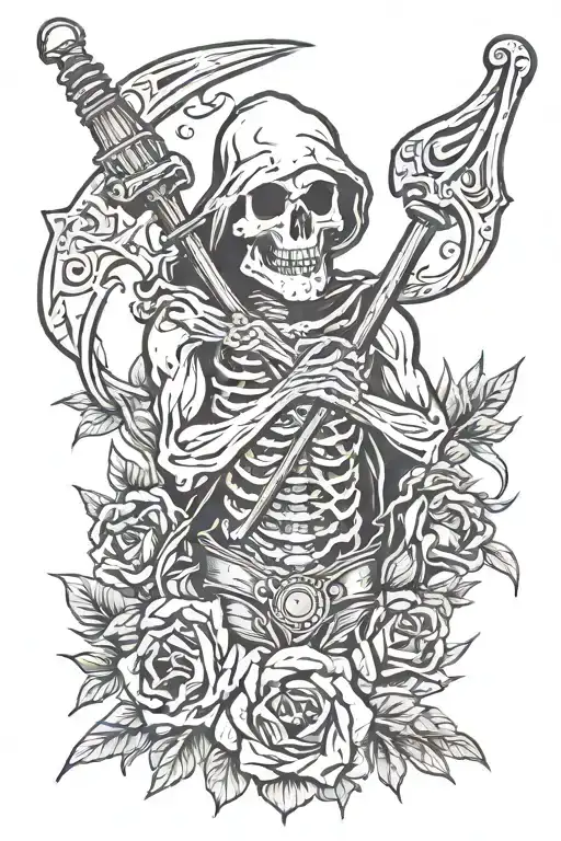 In The Style Of American Traditional Momento Mori On The Arm With Clocked Reaper With A Scythe