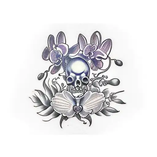 A Traditional Style Tattoo Of An Orchid Surrounded By Musical Instruments And Food Items