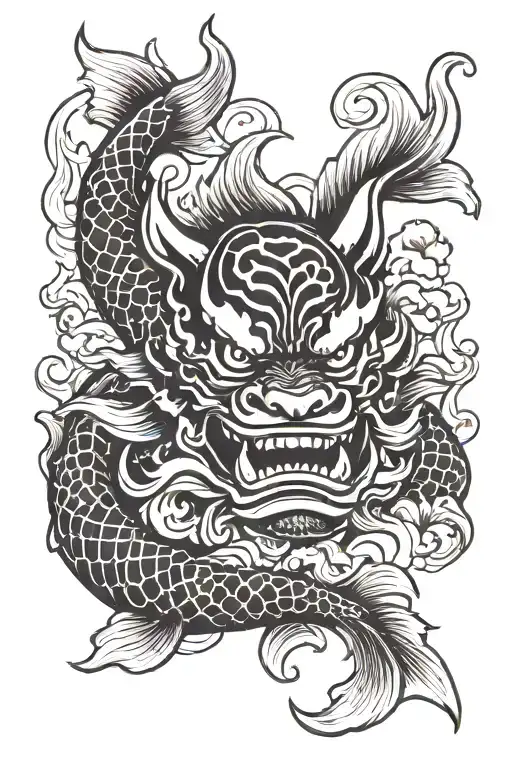 Oni Mask And Koi Fish Swimming