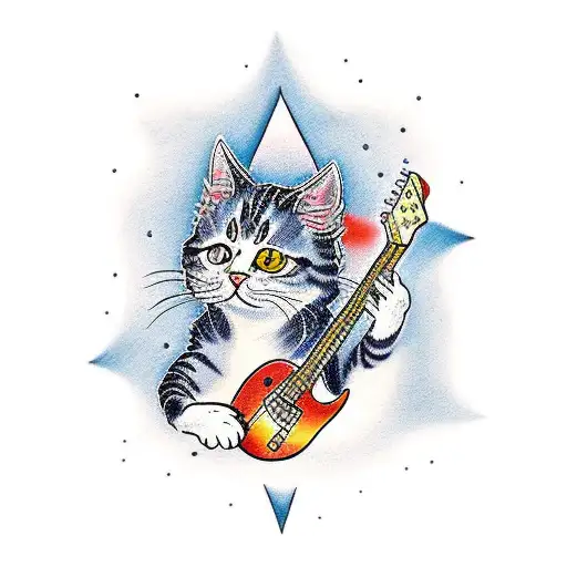 A Traditional Style Tattoo Of A Rock And Roll Inspired Cat Playing A Guitar