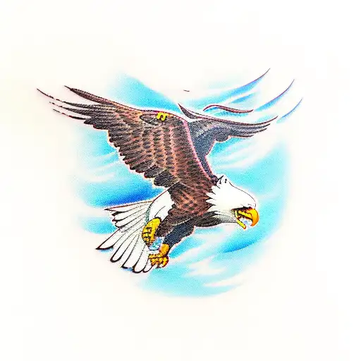 Traditional-style Tattoo Of A Majestic Bald Eagle Soaring Over A River