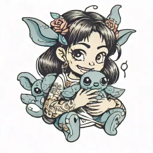 Hentai Girl Holding Stitch Plush Toy