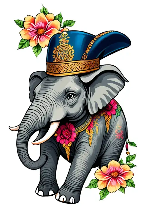 American Traditional Floral Elephant