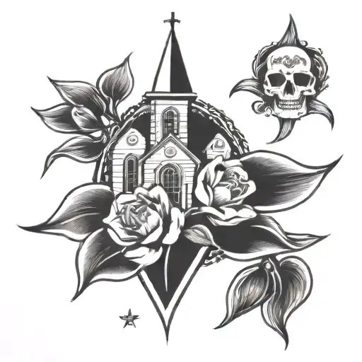 Church With Tulips Black And Grey