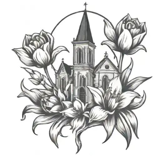 Church With Tulips Black And Grey