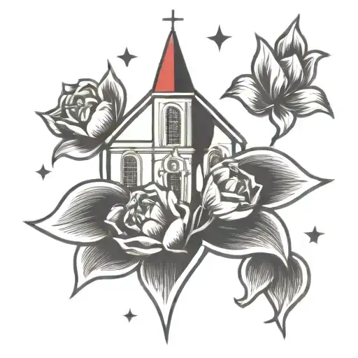 Church With Tulips Black And Grey