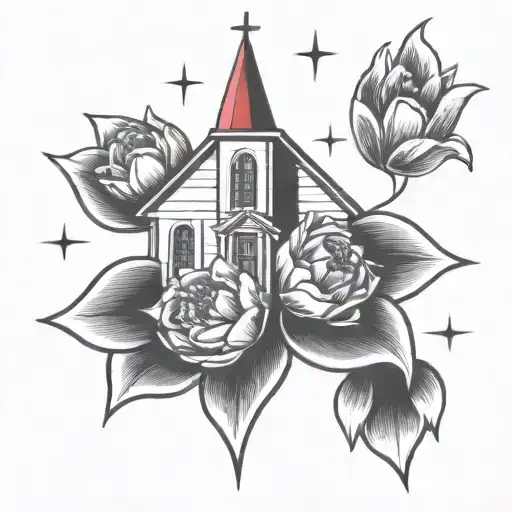 Church With Tulips Black And Grey