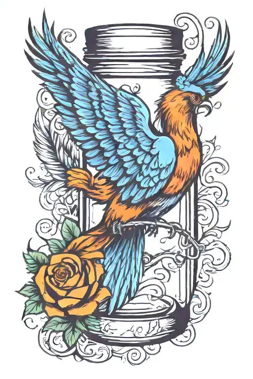 Phoenix With Tail Feather Wrapped Around A Mason Jar