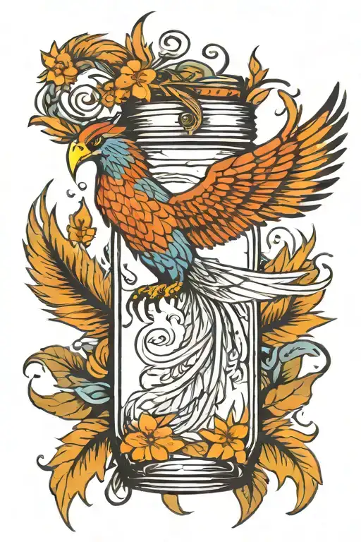 Phoenix With Long Tail Feathers Wrapped Around A Mason Jar
