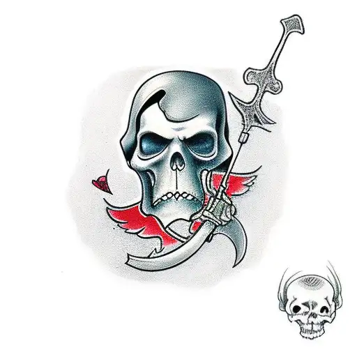 Grim Reaper With Crow On Shouler And A Clock In Hand