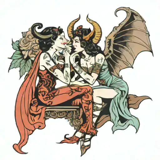 Female Succubus With Corset And Thigh High And A Female Priestess Kissing
