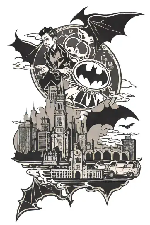 Batman Symbol With Gotham City Skyline With Joker And Harley Quinn